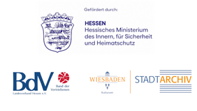 Die Logos vom Hessische Ministerium des Innern, für Sicherheit und Heimatschutz, vom BdV-Landesverband Hessen, vom Kulturamt Wiesbaden und vom Stadtarchiv Wiesbaden